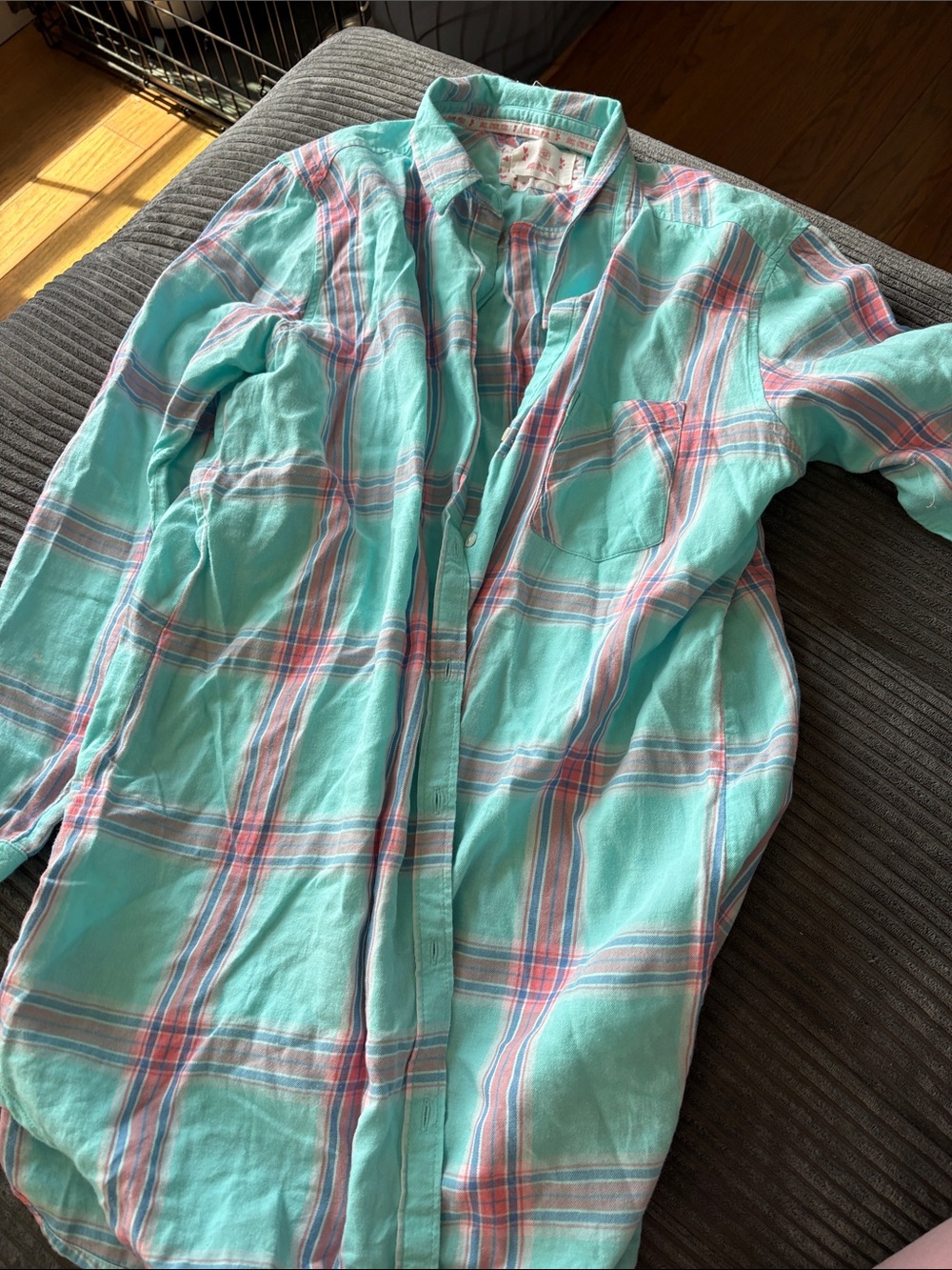 F&F Aqua Plaid Shirt with Pink and White Accents